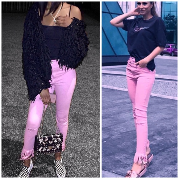 Zara high waisted pink jeans frayed hem, slashed knees - Picture 1 of 6